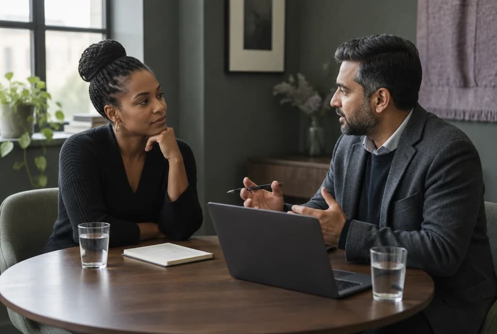 Illustrative photograph of two adults in a professional conversation