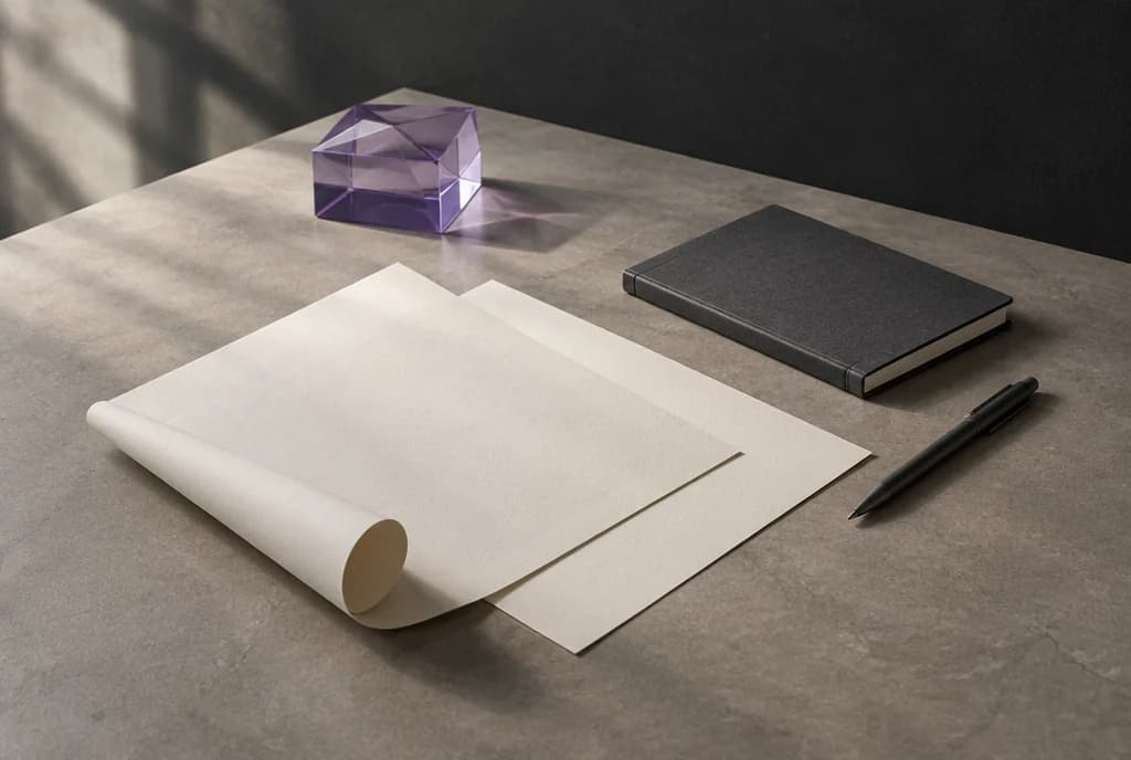Editorial still life of paper, a notebook and a lavender glass object