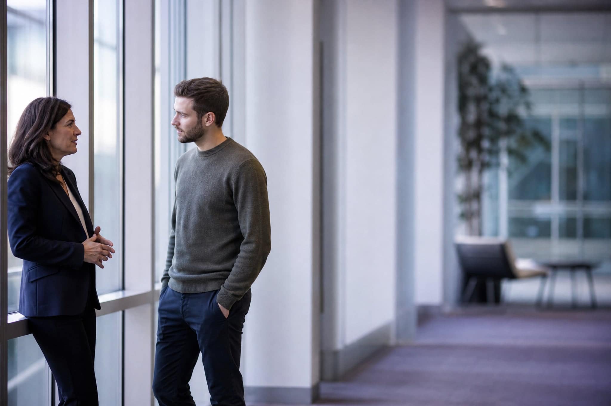 Two colleagues talking beside a tall window