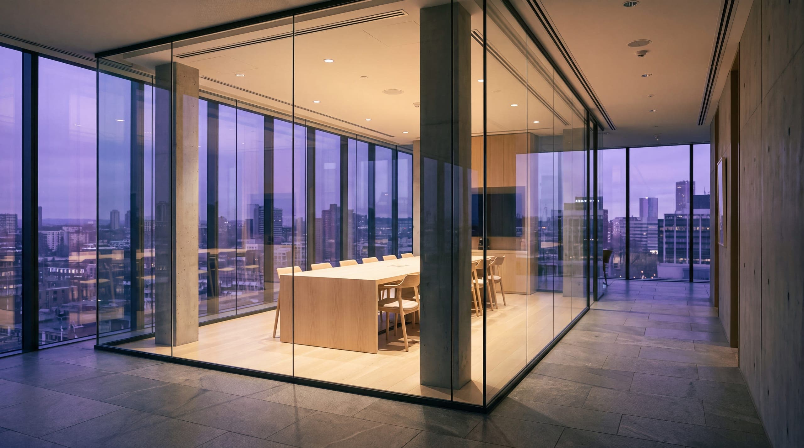 A glazed meeting room at dusk with a table and chairs