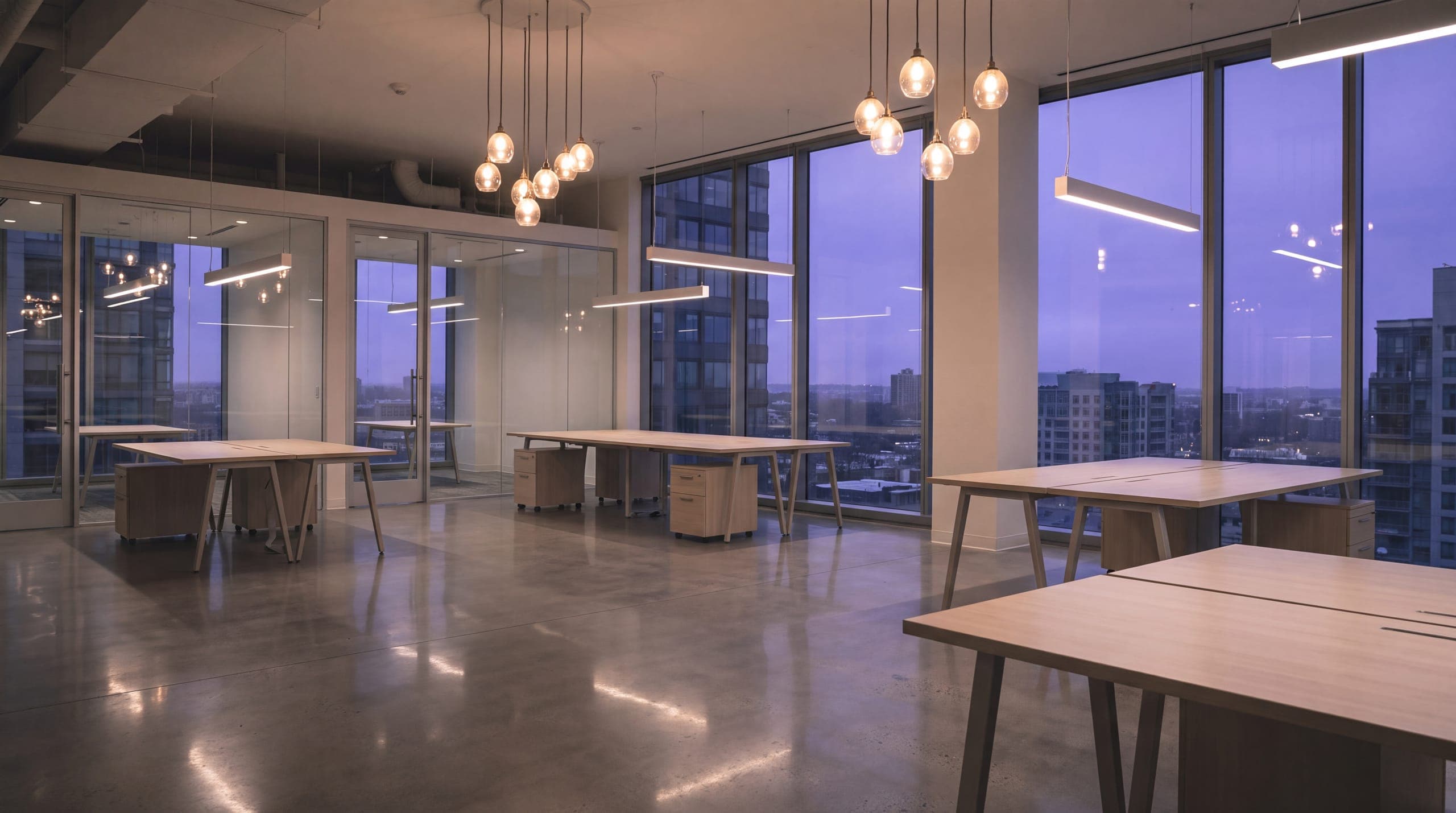An empty open-plan office floor in the evening