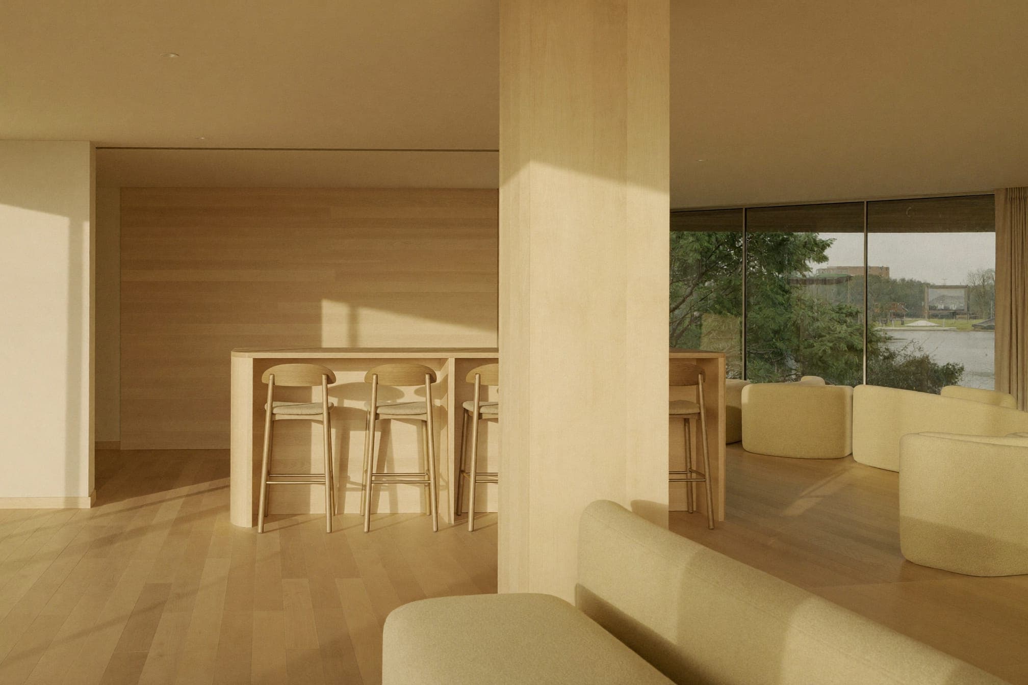 A warmly lit reception interior with nobody in it