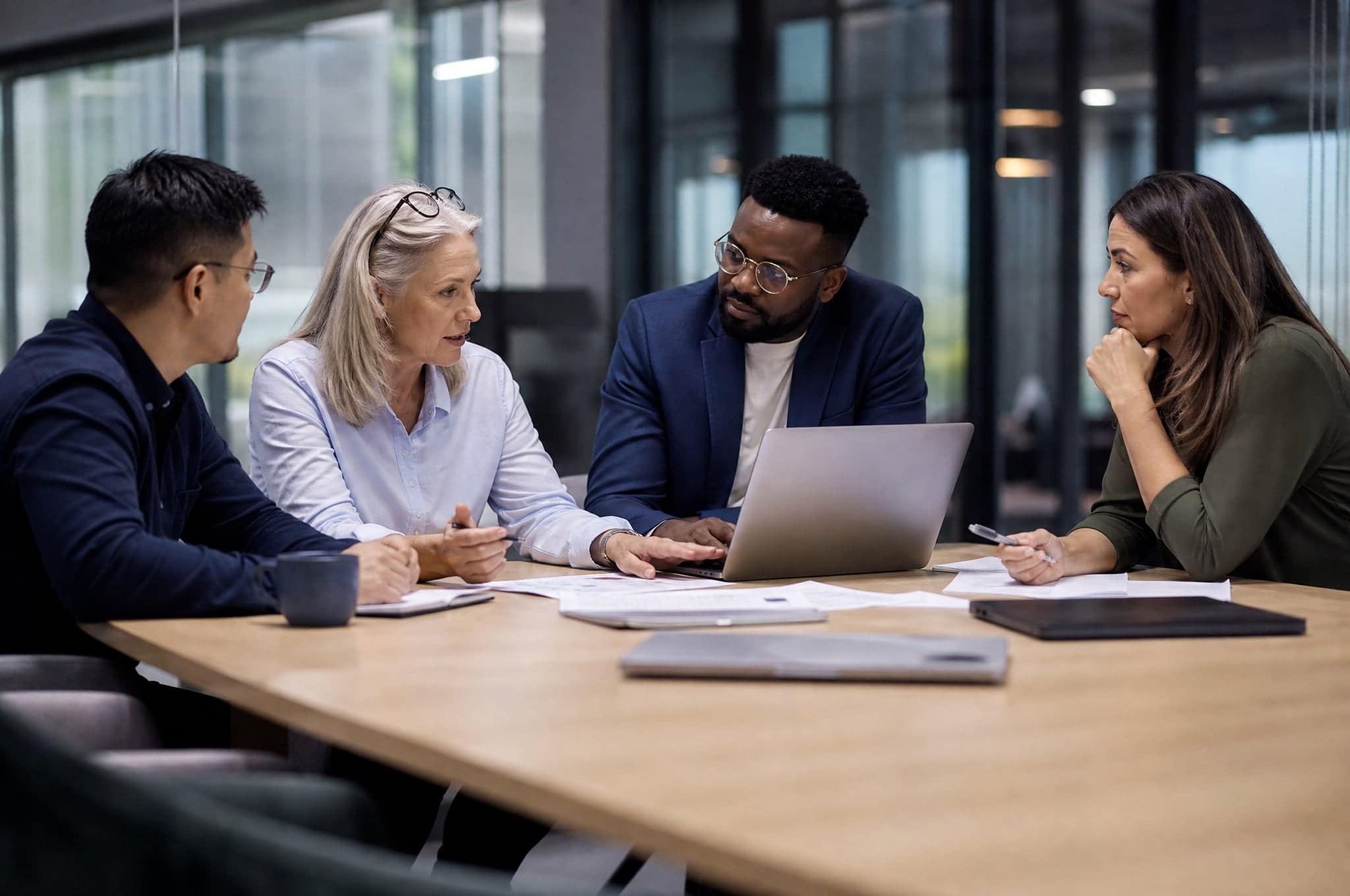Four colleagues in discussion around a meeting table